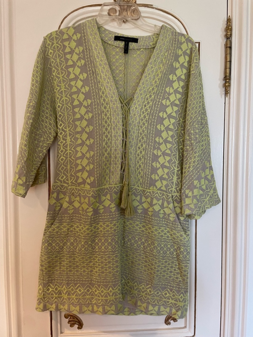 BCBGMaxAzria Lime and Taupe Embroidered V-Neck Tunic
